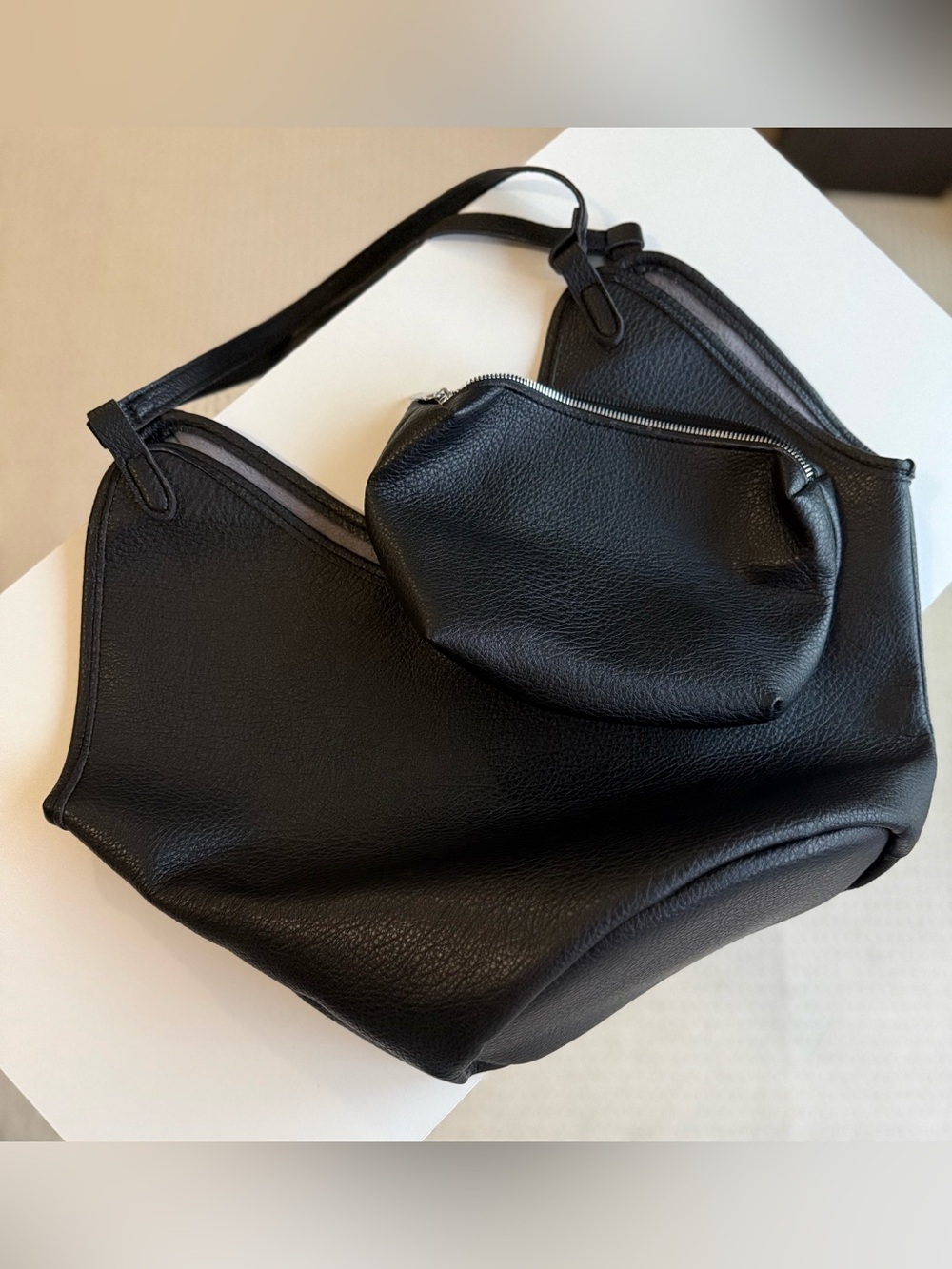 Slouchy Pebbled Black Shoulder Bag & Matching Pouch Set